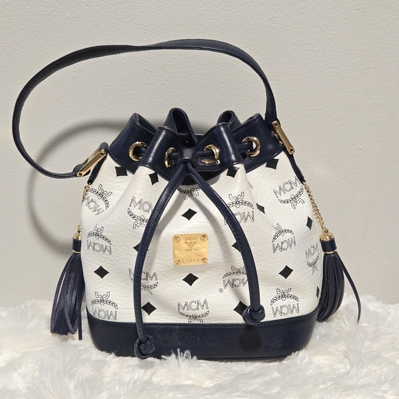 MCM Visetos Small Drawstring Bucket Bag, White & Navy Blue Leather - Picture 1 of 12